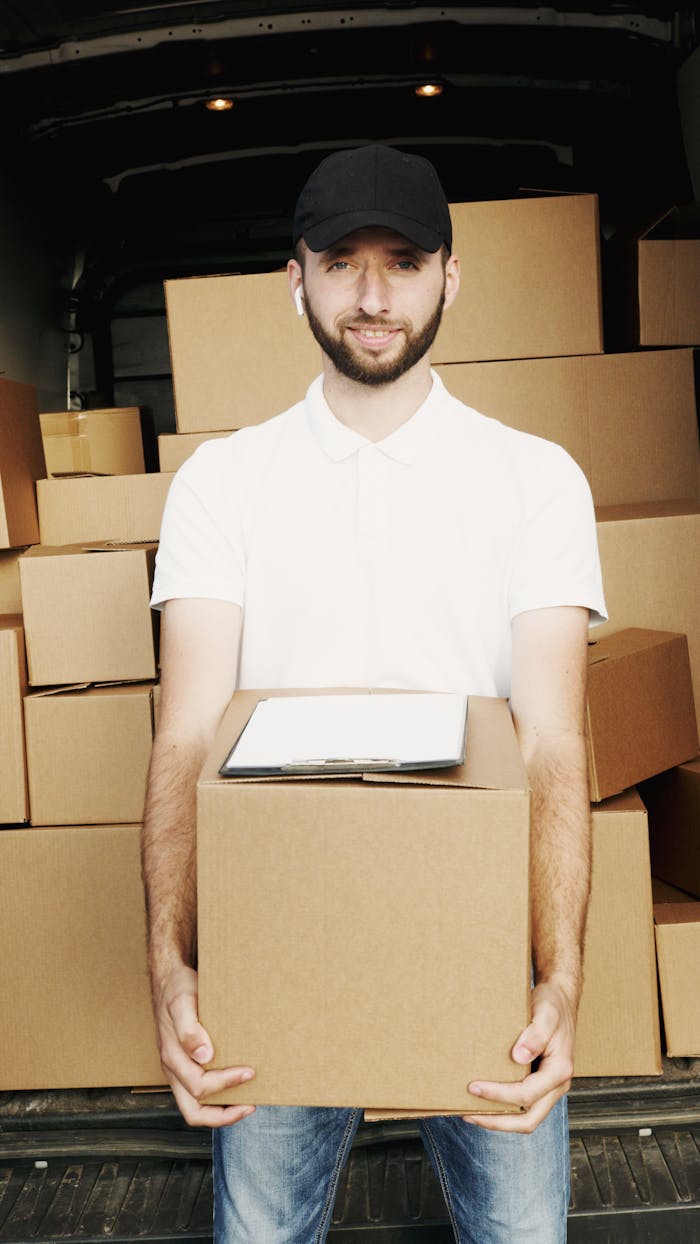 gallery-1 A deliveryman in a cap holding a box standing in front of a truck loaded with cartons.