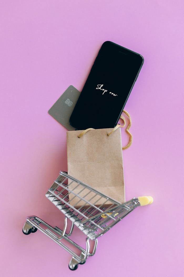 about-01 A smartphone, credit card, and bag in a miniature shopping cart on a pink background.